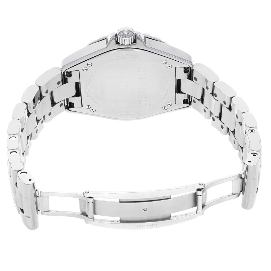 An image of a pre-owned wristwatch viewed from the back, showing the open clasp and stainless steel bracelet. The watch is positioned upright, with the case back facing the viewer at a slight angle, allowing the details of the links and clasp mechanism to be clearly visible. The photograph is taken from a close distance, highlighting the watch's craftsmanship and condition.