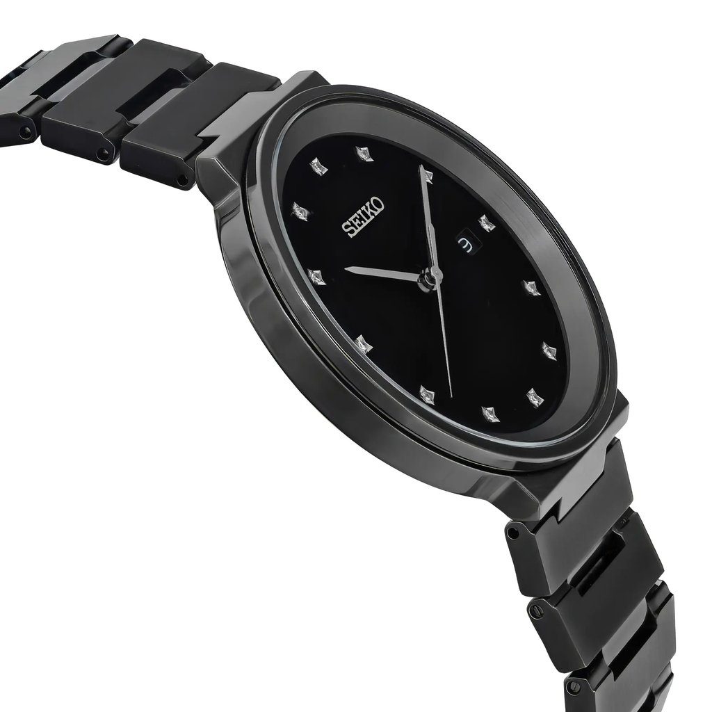 An image of a Wristwatch by Seiko. This Display Model item is designed for Men, featuring a Casual style. It has a Quartz movement and an Analog display with a Black dial color. The indices include 12-Hour Dial,Diamond Markers. The band is made of Stainless Steel and the case is made of Stainless Steel. The watch has a Round shape with a case size of 41 mm and a case thickness of 9 mm.