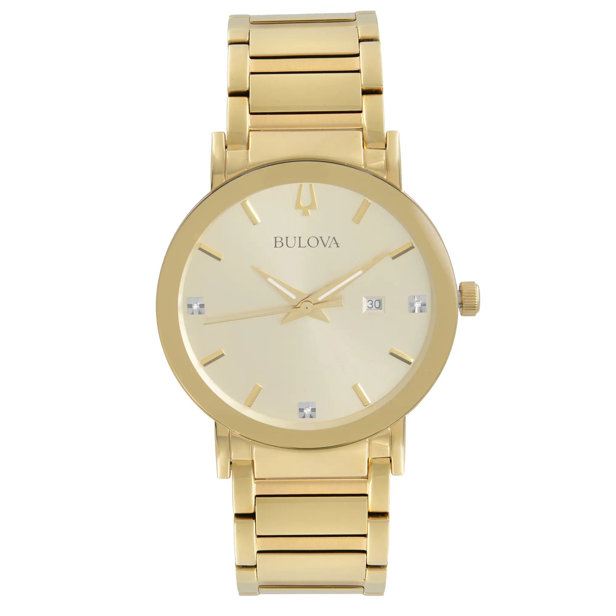 An image of a pre-owned Bulova men's wristwatch, presented in a full frontal view. The watch has a round shape with a sunburst champagne dial, gold-tone bezel, and non-numeric hour marks indicated by simple bars. It features a date indicator at the 3 o'clock position and luminous hands. The stainless steel band is gold-tone, matching the case and bezel. The overall condition of the watch appears good and it is styled for dress or formal occasions. The image is taken from a front angle, showing the entire watch face and a portion of the band, with the watch positioned centrally and occupying most of the frame for clear detail.