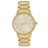 An image of a pre-owned Bulova men's wristwatch, presented in a full frontal view. The watch has a round shape with a sunburst champagne dial, gold-tone bezel, and non-numeric hour marks indicated by simple bars. It features a date indicator at the 3 o'clock position and luminous hands. The stainless steel band is gold-tone, matching the case and bezel. The overall condition of the watch appears good and it is styled for dress or formal occasions. The image is taken from a front angle, showing the entire watch face and a portion of the band, with the watch positioned centrally and occupying most of the frame for clear detail.