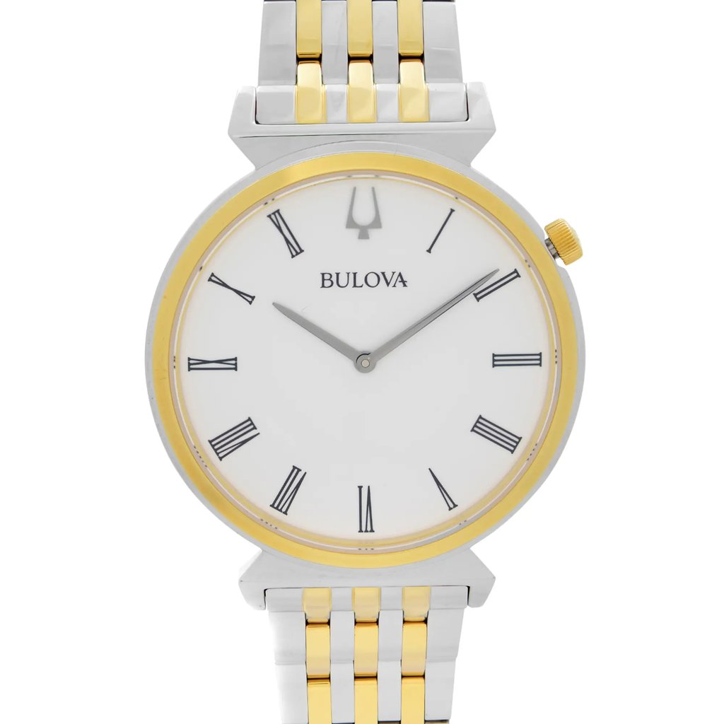 An image of a men's Bulova casual wristwatch in excellent display model condition, featuring a front full frontal view. The watch has a round shape with a white dial, gold bezel, and stainless steel band with gold accents. It showcases Roman numeral indices on a 12-hour dial and is positioned centrally in the frame, giving a clear and unobstructed view of its design and details.