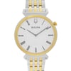An image of a men's Bulova casual wristwatch in excellent display model condition, featuring a front full frontal view. The watch has a round shape with a white dial, gold bezel, and stainless steel band with gold accents. It showcases Roman numeral indices on a 12-hour dial and is positioned centrally in the frame, giving a clear and unobstructed view of its design and details.