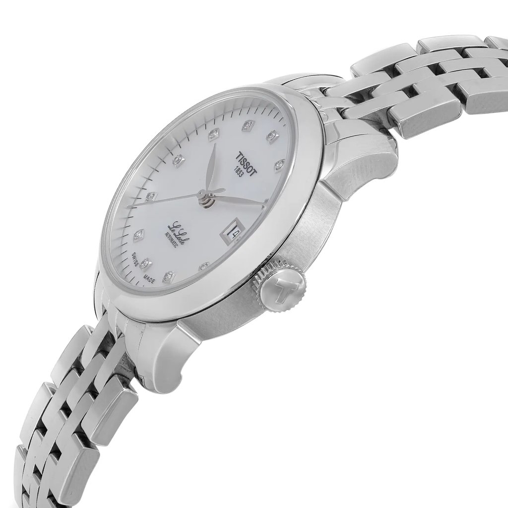 An image of a Wristwatch by Tissot. This Display Model item is designed for Women, featuring a Casual style. It has a Mechanical (Automatic) movement and an Analog display with a White dial color. The indices include 12-Hour Dial,Diamond Markers. The band is made of Stainless Steel and the case is made of Stainless Steel. The watch has a Round shape with a case size of 29 mm and a case thickness of 9 mm.