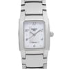 An up close image of a Tissot wristwatch, positioned front and center, facing directly towards the viewer. The watch features a rectangular silver case with a Mother Of Pearl dial, marked with black numerals at 12, 2, 4, 6, 8, and 10 o'clock positions. It has silver hands and a Tissot logo just below the 12 o'clock marker. Case and bracelet are stainless steel. Display model in excellent condition.

