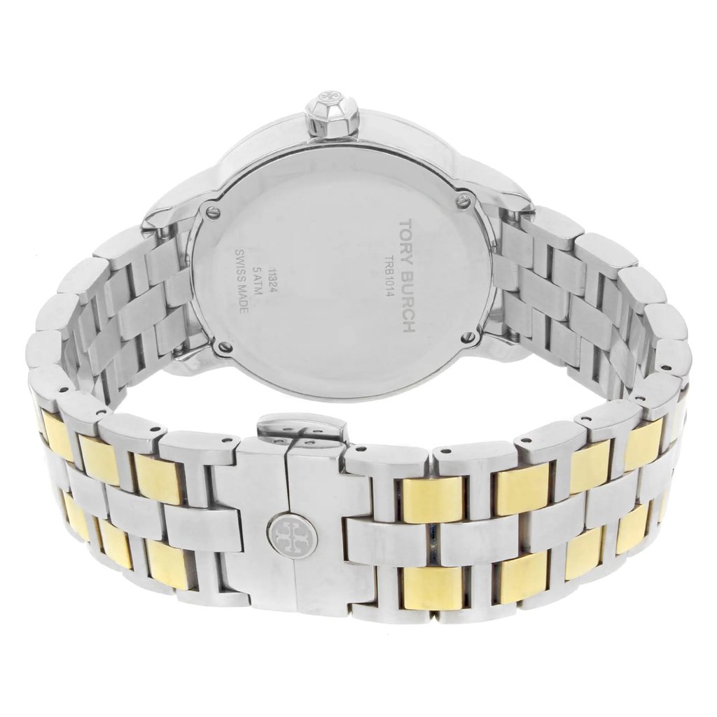 Back View Of Solid Back Case And Closed Stainless and Solid Gold Band Of Tory Burch TRB1014 Watch Pre Owned Condition