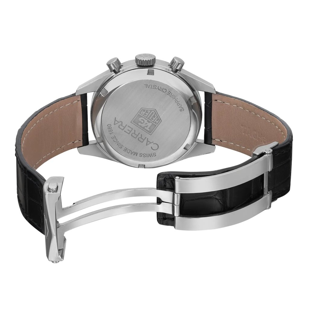 Back View Of Screwback Back Case And Open Leather Band Of TAG Heuer CV2113.FC6180 Watch Pre Owned Condition