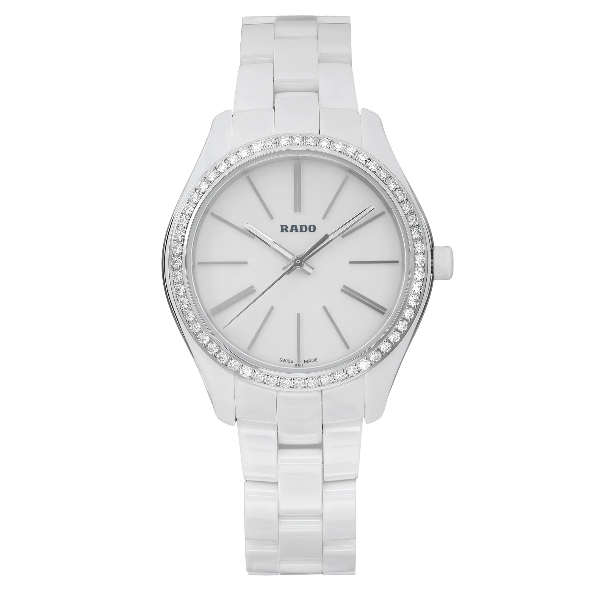 An image of an unworn Rado wristwatch for women in a casual style, presented in a full frontal view. The watch features a round white dial with non-numeric hour marks and stick indexes, as well as a seconds hand and luminous hands. It has a gray diamond bezel and the band is made of white ceramic with a steel/cemaric case. The watch is positioned centrally with the band partially extended, creating a slight curve at the bottom, against a neutral background. Distance from the view is close enough to clearly show the details of the watch face and band. The condition is excellent, indicating the watch is unworn.
