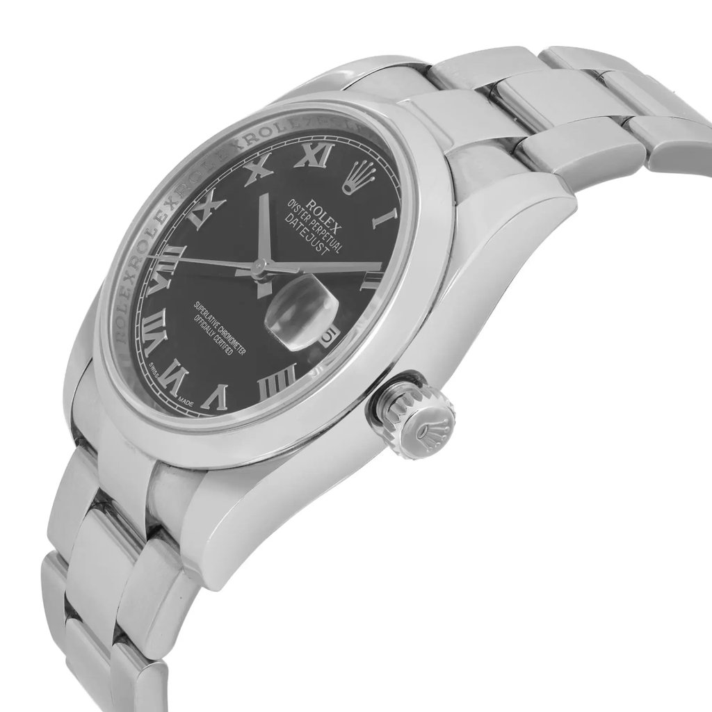 An image of a pre-owned wristwatch shown from a side profile view, highlighting the crown. The angle captures the detailed design of the watch face and bracelet. The photograph is taken at a close distance, showcasing the metallic finish and elegant craftsmanship.