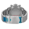 An image of a wristwatch taken from the back view, showcasing the closed clasp. The watch is a display model with a metal bracelet, featuring protective blue stickers on parts of the clasp. The angle is straight on, providing a clear and detailed look at the back of the watch, including the engravings and clasp design. The distance is close, focusing on the watch's craftsmanship and material.