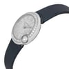An image of a pre-owned Cartier women's wristwatch positioned at a slight angle. The watch face displays Roman numerals and is adorned with a sparkling diamond bezel. The elegant timepiece features a dark strap and is photographed from a close distance, highlighting its luxurious details and craftsmanship.