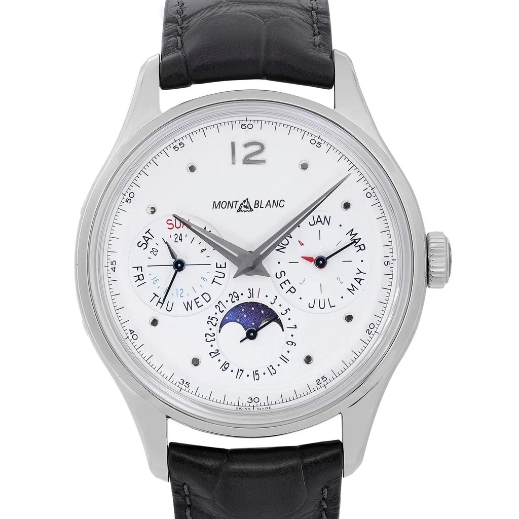 An image of a pre-owned Montblanc luxury men's wristwatch, presented in a front close-up view showcasing the watch face. The watch features a round stainless steel case with a gray bezel, a white dial, and a black leather band. The dial includes Arabic numerals, non-numeric hour marks, and round indexes. It also displays day/date, GMT, and moon phase functions, with luminous hands visible. The watch appears in good condition with slight imperfections not visible at this angle and distance.