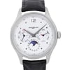 An image of a pre-owned Montblanc luxury men's wristwatch, presented in a front close-up view showcasing the watch face. The watch features a round stainless steel case with a gray bezel, a white dial, and a black leather band. The dial includes Arabic numerals, non-numeric hour marks, and round indexes. It also displays day/date, GMT, and moon phase functions, with luminous hands visible. The watch appears in good condition with slight imperfections not visible at this angle and distance.