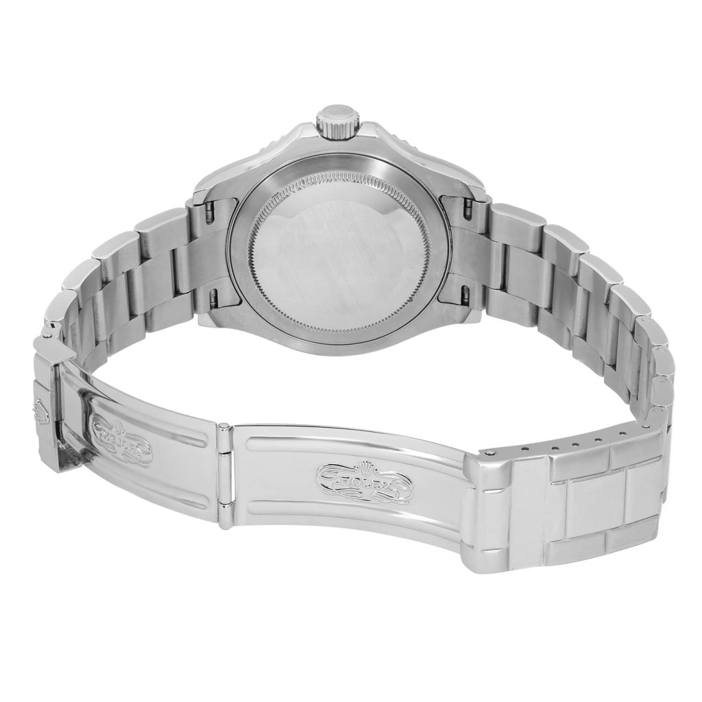 An image of a pre-owned wristwatch showing the back view with an open clasp. The watch is positioned upright, with the case back facing the viewer, and the bracelet laid out in a semi-circle. The angle captures the details of the metal bracelet and the clasp from a close distance.