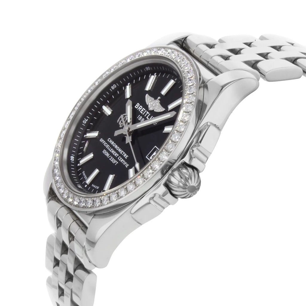 View Of Crown Facing Side Of Breitling A7433053/BE08-376A Stainless Steel Watch Display Model Condition