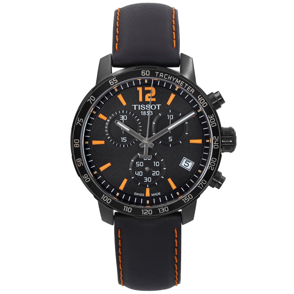 An image of a Wristwatch by Tissot. This Pre Owned item is designed for Men, featuring a Casual style. It has a Quartz movement and an Analog display with a Black dial color. The indices include 12-Hour Dial,Stick Indexes. The band is made of Leather and the case is made of Stainless Steel. The watch has a Round shape with a case size of 42 mm and a case thickness of 11 mm.