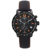 An image of a Wristwatch by Tissot. This Pre Owned item is designed for Men, featuring a Casual style. It has a Quartz movement and an Analog display with a Black dial color. The indices include 12-Hour Dial,Stick Indexes. The band is made of Leather and the case is made of Stainless Steel. The watch has a Round shape with a case size of 42 mm and a case thickness of 11 mm.