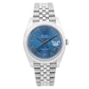 An image of a new Rolex Oyster Perpetual Datejust men's wristwatch, presented in a front full frontal view. The watch features a luxurious round blue dial with Roman numeral indices and a date indicator at the 3 o'clock position, all encased in stainless steel with a white gold bezel. Attached is a stainless steel band. The condition is excellent. The watch is photographed up close, capturing the entire face and band with clear visibility of details.