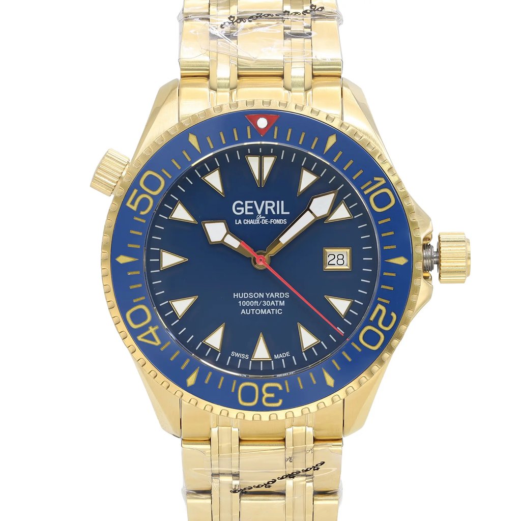 An image of a Wristwatch by Gevril. This Display Model item is designed for Men, featuring a Dress/Formal style. It has a Mechanical (Automatic) movement and an Analog display with a Blue dial color. The indices include 12-Hour Dial,Arrow Markers. The band is made of Stainless Steel and the case is made of Stainless Steel. The watch has a Round shape with a case size of 43 mm and a case thickness of 13 mm.
