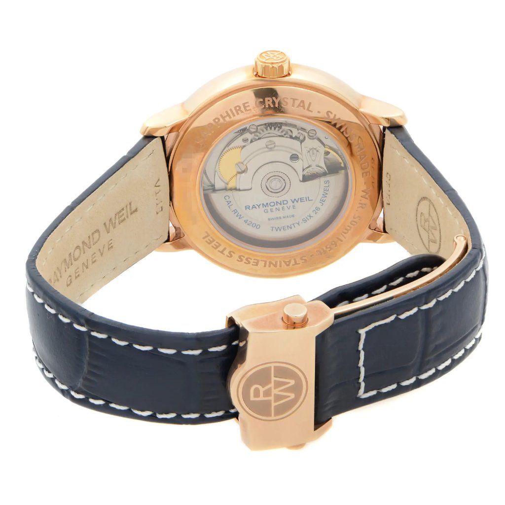 Back View Of Exhibition Back Case And Closed Leather Band Of RAYMOND WEIL 2237-PC5-00508 Watch Display Model Condition