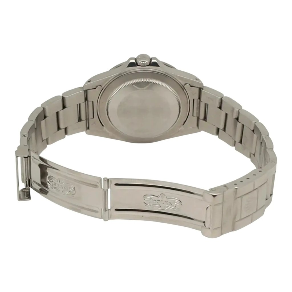 Back View Of Solid Back Case And Open Stainless Steel Band Of Rolex 16570 Watch Pre Owned Condition