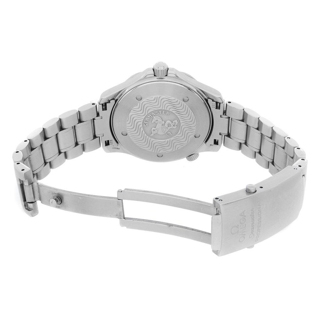 Back View Of Solid Back Case And Open Stainless Steel Band Of OMEGA 2265.80.00 Watch Pre Owned Condition
