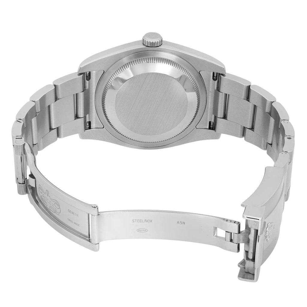 Back View Of Solid Back Case And Open Stainless Steel Band Of Rolex 116200 Watch Pre Owned Condition