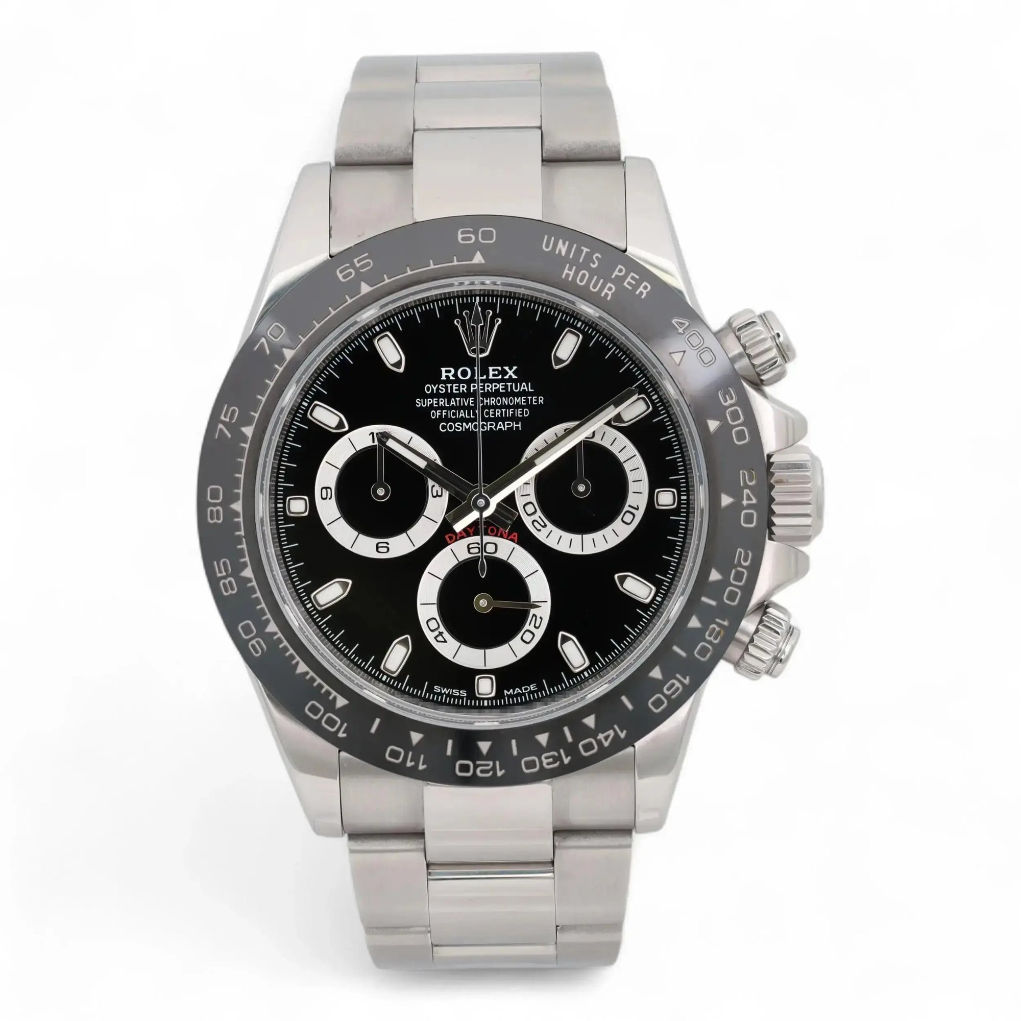 An image of a pre-owned men's Rolex Cosmograph Daytona Ceramic Steel Black Dial Automatic Watch 116500LN positioned front and center. The watch is angled slightly to the right, showcasing its chronograph features, luminous hands, and small seconds subdial. The focus is close-up, highlighting the intricate details of the watch's face and stainless steel bracelet.