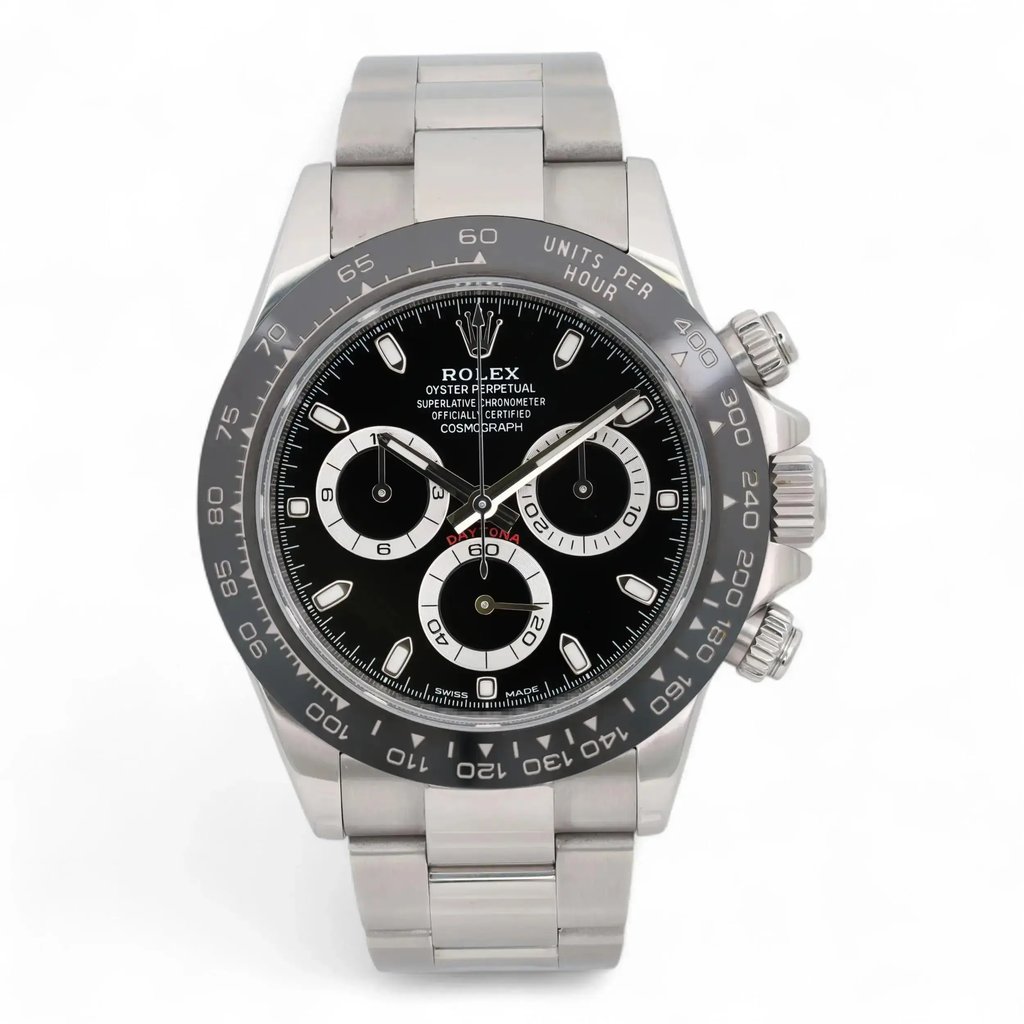 An image of a pre-owned men's Rolex Cosmograph Daytona Ceramic Steel Black Dial Automatic Watch 116500LN positioned front and center. The watch is angled slightly to the right, showcasing its chronograph features, luminous hands, and small seconds subdial. The focus is close-up, highlighting the intricate details of the watch's face and stainless steel bracelet.