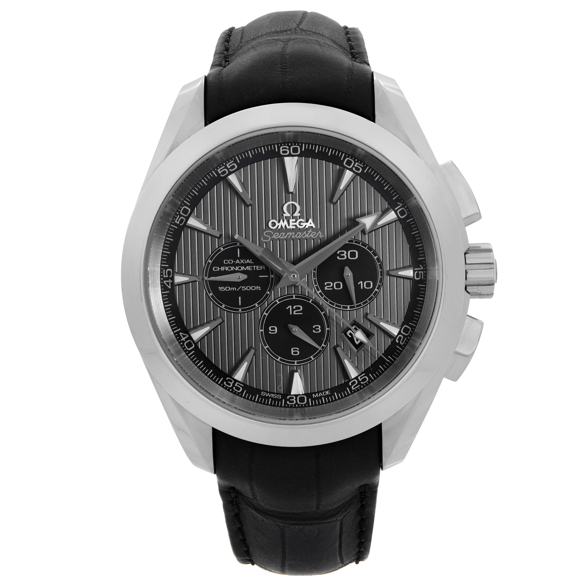 An image of a front full frontal view of a display model OMEGA men's wristwatch. The watch showcases a luxury sport style with a round shape and a gray teaked dial pattern. It features a stainless steel case and bezel, along with a black leather band. The dial includes stick indexes, a 12-hour dial with three smaller multi dials for the chronograph, seconds function, and a date indicator. The watch is positioned centered and straight on, occupying most of the image with a close-up view, providing a clear and detailed perspective of its features.