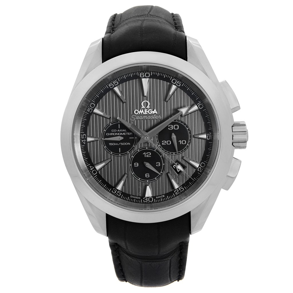 An image of a front full frontal view of a display model OMEGA men's wristwatch. The watch showcases a luxury sport style with a round shape and a gray teaked dial pattern. It features a stainless steel case and bezel, along with a black leather band. The dial includes stick indexes, a 12-hour dial with three smaller multi dials for the chronograph, seconds function, and a date indicator. The watch is positioned centered and straight on, occupying most of the image with a close-up view, providing a clear and detailed perspective of its features.