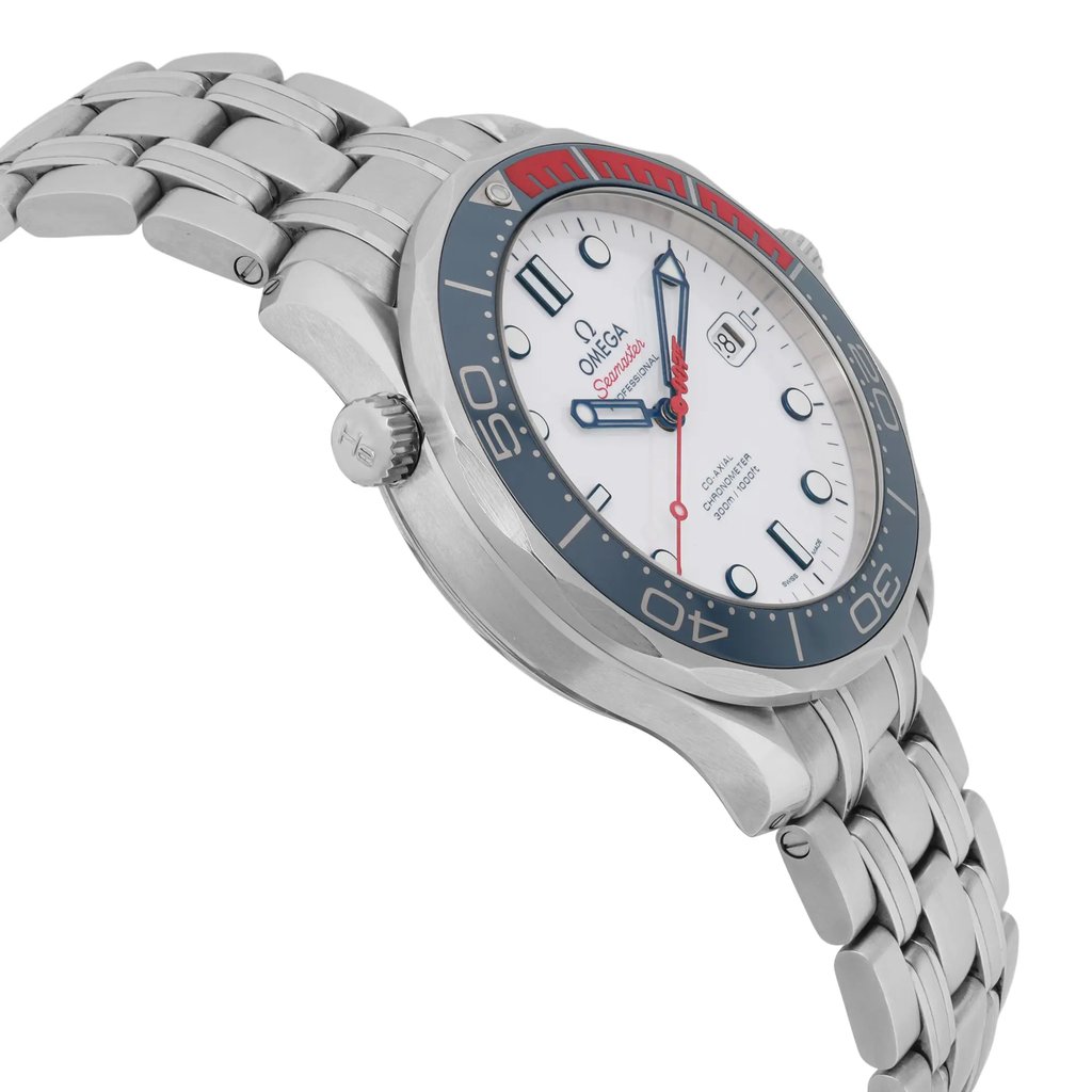 An image of a pre-owned men's OMEGA Seamaster Diver 300M James Bondwristwatch, viewed from a slightly angled side perspective. The watch features a stainless steel bracelet and a round white face with a blue and red bezel. The timepiece displays a date indicator at the 3 o'clock position and luminous hands. The brand name and logo are visible on the dial, showcasing its distinctive design. The watch is photographed at a close distance, highlighting its details and craftsmanship.