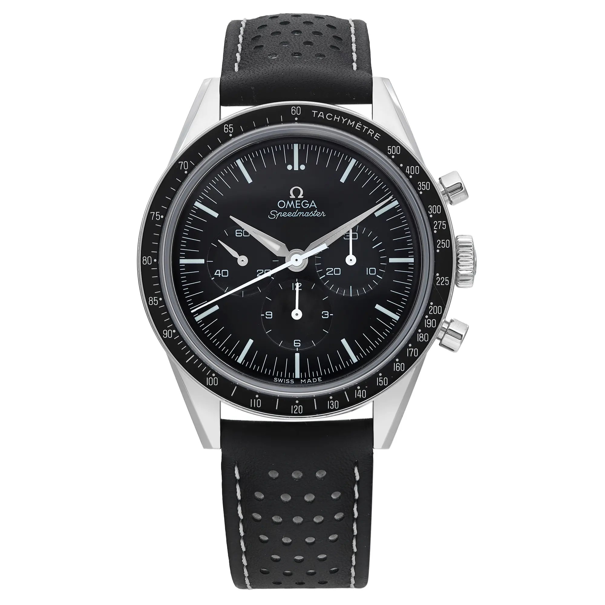 An image of a pre-owned men's OMEGA luxury wristwatch, captured from a front full frontal view. The timepiece features a black round dial with stick indexes and chronograph sub-dials. The bezel is black, and the case is made of stainless steel. The watch has a black leather strap with perforated detailing and white stitching. The image showcases the watch's face and band clearly, highlighting its design and features.