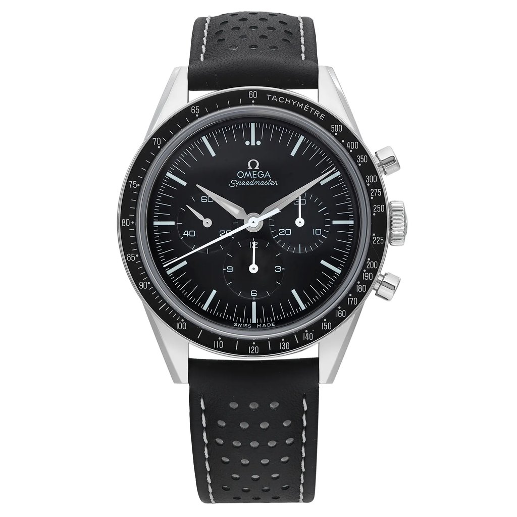 An image of a pre-owned men's OMEGA luxury wristwatch, captured from a front full frontal view. The timepiece features a black round dial with stick indexes and chronograph sub-dials. The bezel is black, and the case is made of stainless steel. The watch has a black leather strap with perforated detailing and white stitching. The image showcases the watch's face and band clearly, highlighting its design and features.