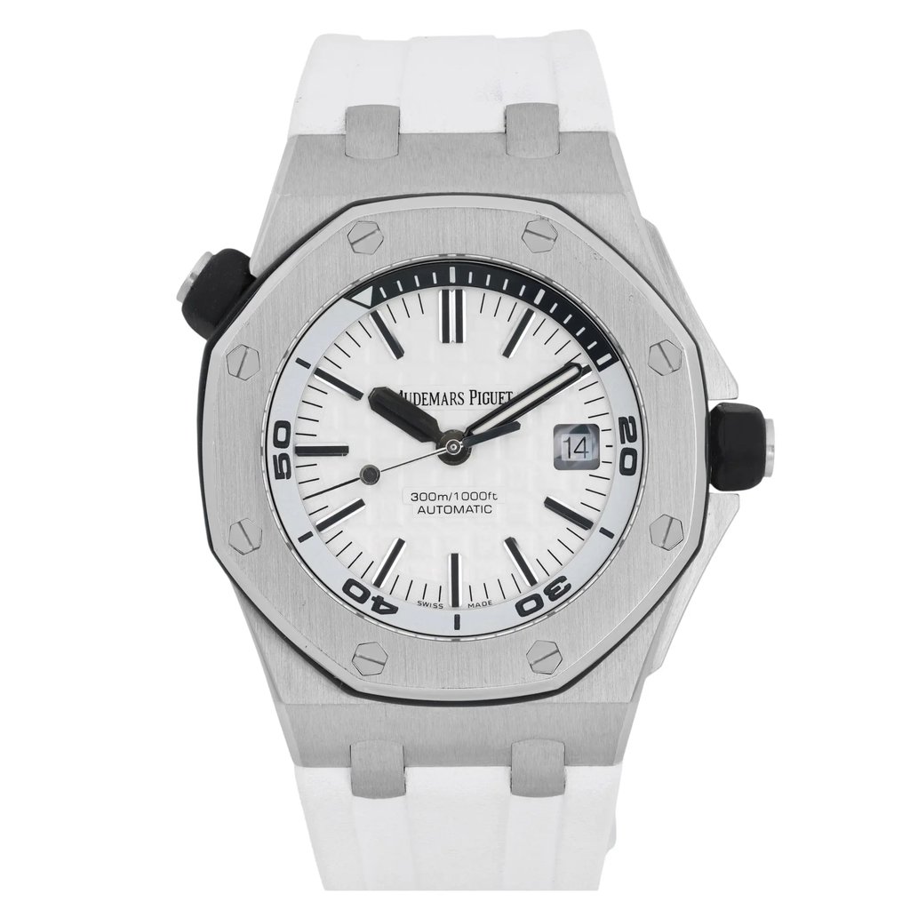 Front Full View Of Audemars Piguet 15710ST  Stainless Steel Watch Pre Owned Condition Good