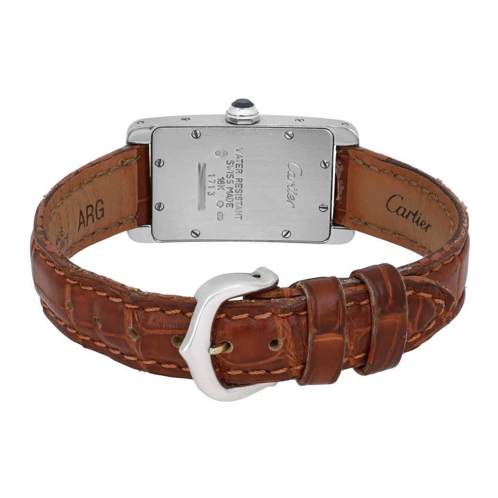 Back View Of Screwback Back Case And Closed Leather Band Of Cartier 1713 Watch Pre Owned Condition