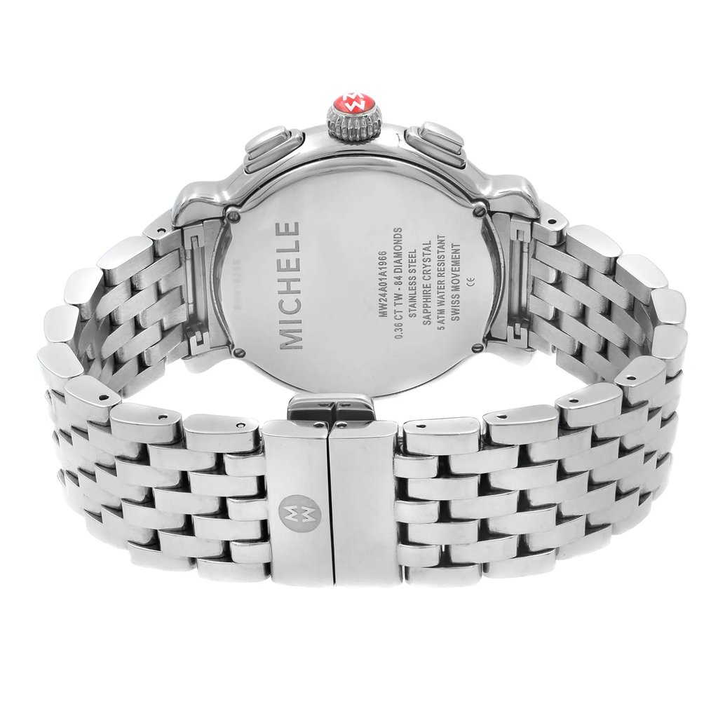 Back View Of Screwback Back Case And Closed Stainless Steel Band Of MICHELE MWW24A000001 Watch Pre Owned Condition