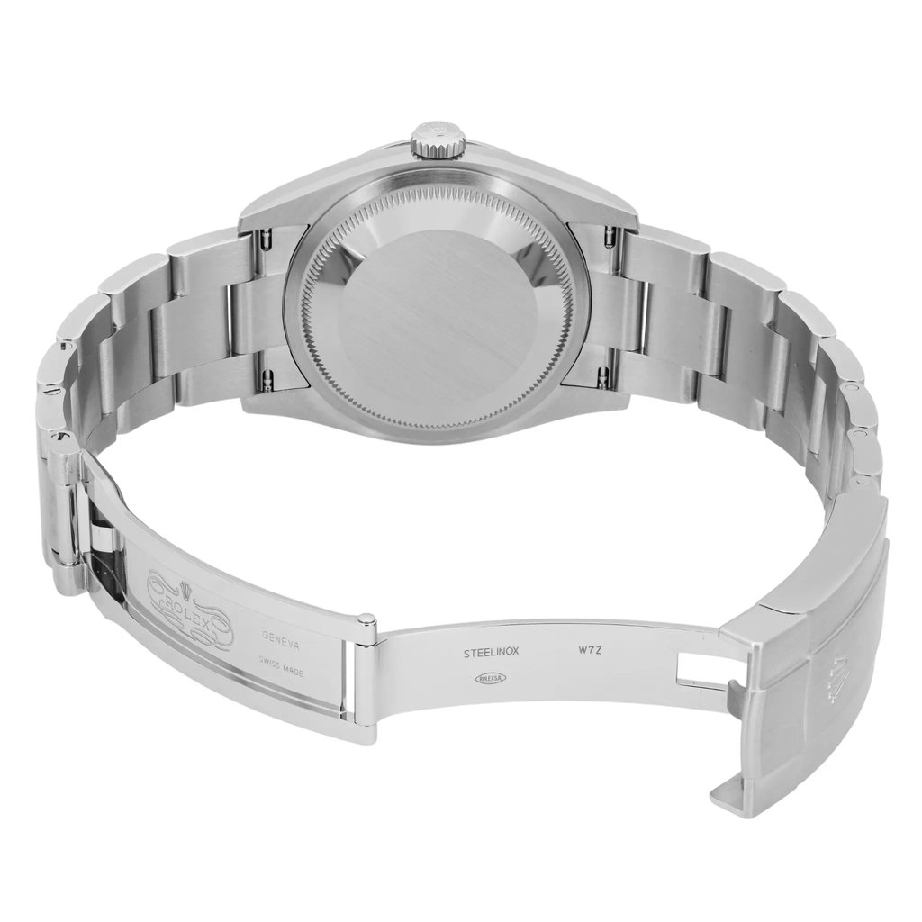 Back View Of Solid Back Case And Open Stainless Steel Band Of Rolex 126000 Watch New Condition