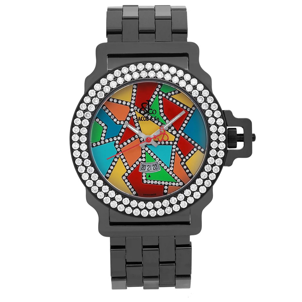 An image of a pre-owned wristwatch captured from a front full frontal view. The watch features a vibrant, multicolored dial with geometric patterns and a date display. It is encircled by a bezel adorned with sparkling stones. The watch is positioned centrally and is photographed at a close distance, showcasing its intricate design and metallic bracelet.