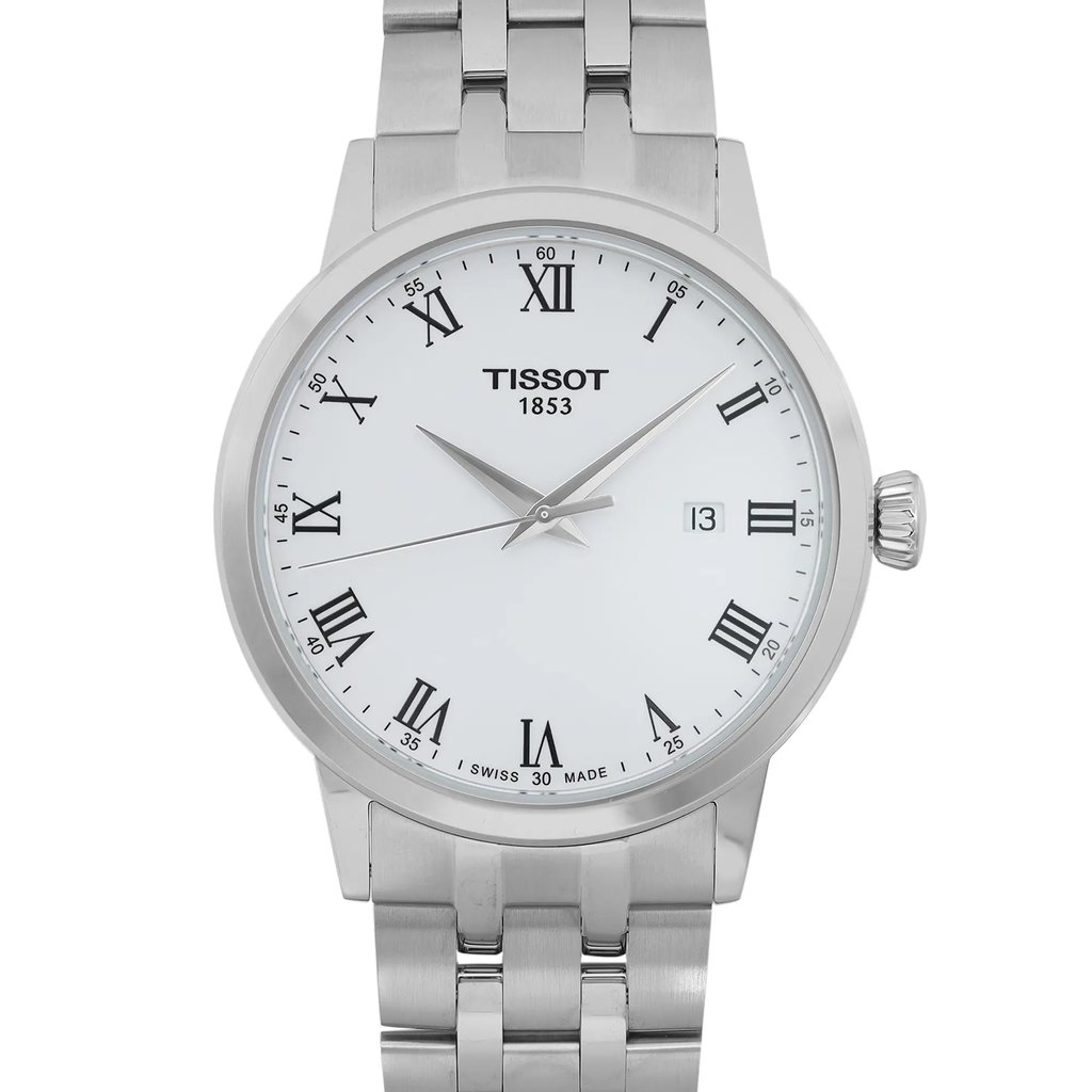 Up Close Front Facing Picture Of Tissot T129.410.11.013.00 Stainless Steel Watch Display Model Condition