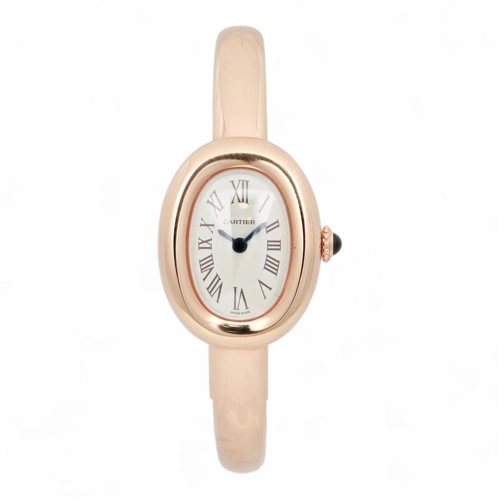An image of a pre-owned Cartier Baignoire Mini Size 15 18k Rose Gold Silver Dial Ladies wristwatch, positioned upright and angled directly forward. The watch features a rose gold-toned case with a silver dial, displaying Roman numerals and blue hands. The image is taken at a close distance, highlighting the watch's elegant design and details.