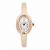 An image of a pre-owned Cartier Baignoire Mini Size 15 18k Rose Gold Silver Dial Ladies wristwatch, positioned upright and angled directly forward. The watch features a rose gold-toned case with a silver dial, displaying Roman numerals and blue hands. The image is taken at a close distance, highlighting the watch's elegant design and details.