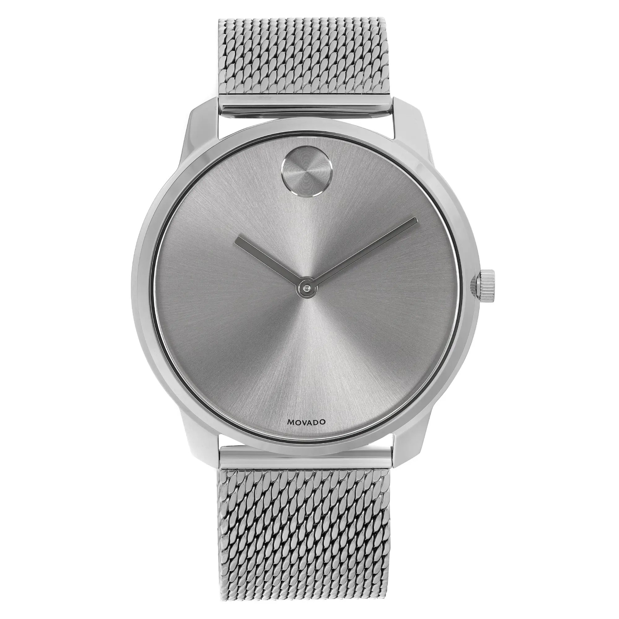 An image of a wristwatch shown from a full frontal view. The watch features a sleek, minimalist design with a silver dial and a mesh metal band. The timepiece is positioned centrally, captured from a straight angle at a close distance, emphasizing its modern aesthetic.