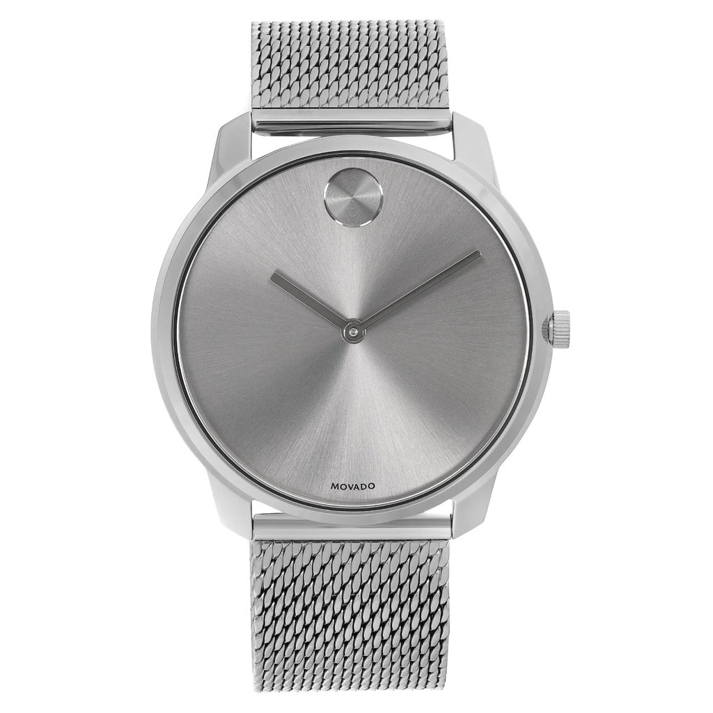 An image of a wristwatch shown from a full frontal view. The watch features a sleek, minimalist design with a silver dial and a mesh metal band. The timepiece is positioned centrally, captured from a straight angle at a close distance, emphasizing its modern aesthetic.