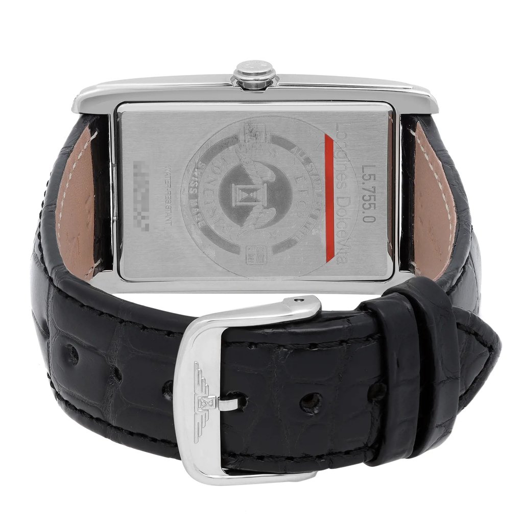 An image of an unworn Longines women's wristwatch, showcasing the back view with a closed buckle. The watch is positioned centrally and shot at a slight angle to highlight the stainless steel snap caseback and the black leather band. The rectangular case and buckle closure are also visible, illustrating the elegant design suitable for a feminine wrist. The watch appears in close-up, providing a clear view of the textures and details.