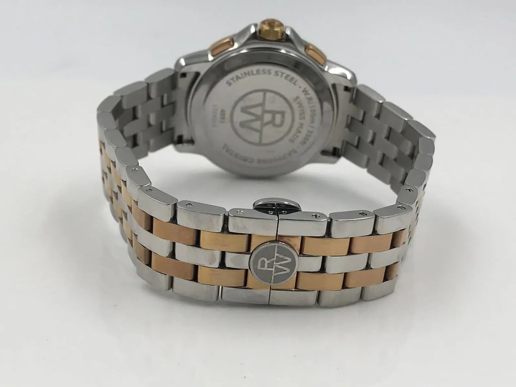 Back View Of {Caseback} Back Case And Closed Stainless Steel Band Of RAYMOND WEIL 4891-SP5-00660 Watch Pre Owned Condition
