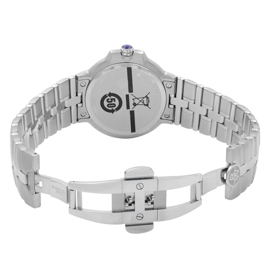 Back View Of Solid Back Case And Open Stainless Steel Band Of RAYMOND WEIL 5580-ST-00208 Watch Unworn Condition