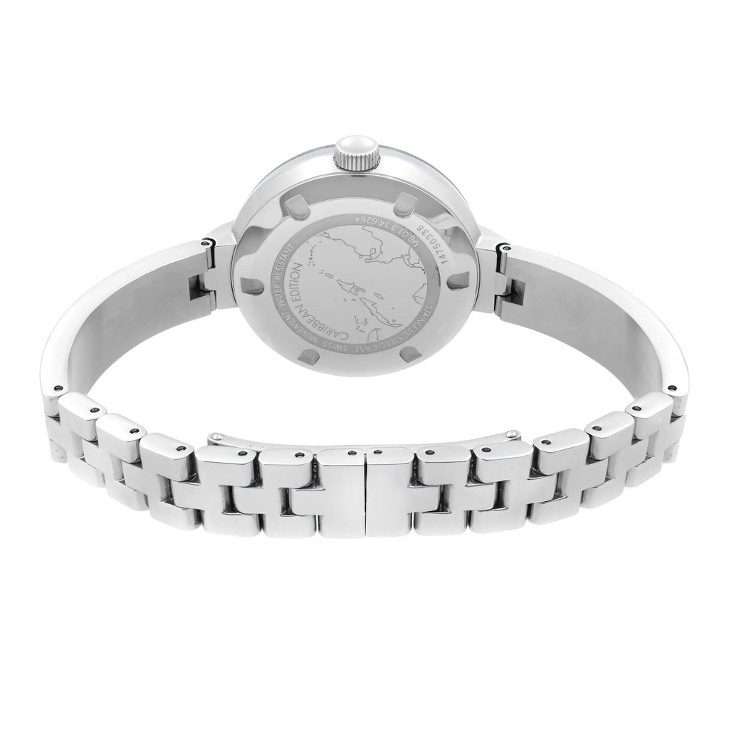 An image of a wristwatch viewed from the back, displaying the case back and clasp. The watch is positioned upright, with the bracelet partially open, showcasing the intricate link design. The image is taken at a close distance, highlighting the detailed engraving on the case back and the polished finish of the stainless steel bracelet. The watch appears to be a display model, emphasizing its pristine condition.