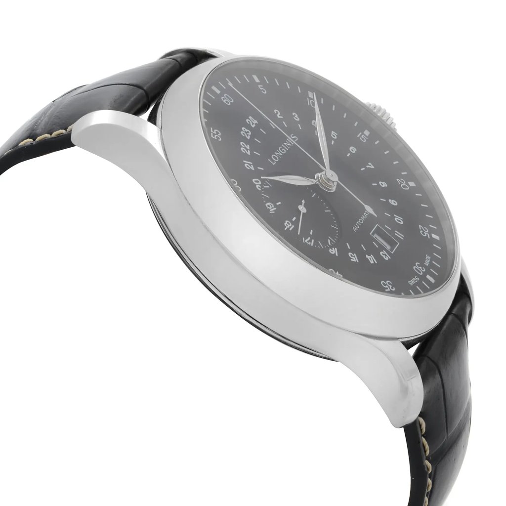 An image of a wristwatch taken from a side profile view opposite the crown. The watch features a black leather strap and a stainless steel case, with a dark, detailed face displaying multiple dials and markers. The angle highlights the watch's sleek design and curvature, showcasing it as a display model.