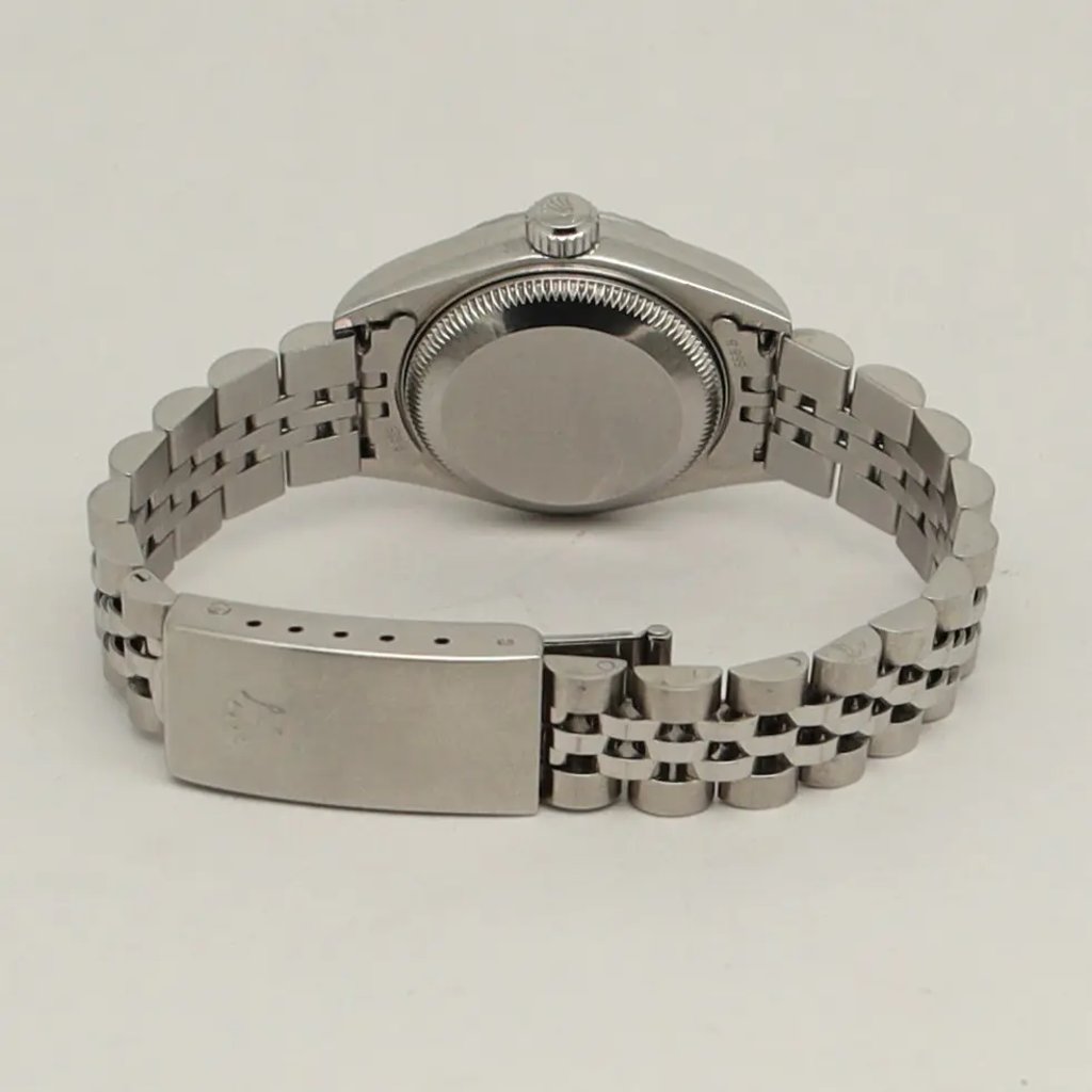 Back View Of Screwback Back Case And Closed Stainless Steel Band Of Rolex 79240 Watch Pre Owned Condition