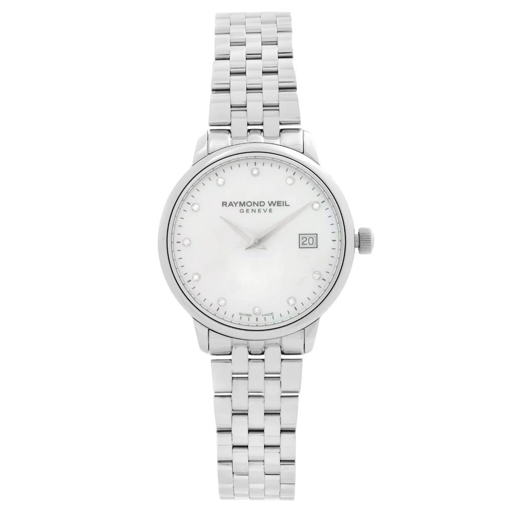An image of an unworn RAYMOND WEIL women's wristwatch in a dress/formal style. The watch is presented in a full frontal view with the dial facing directly towards the viewer, showcasing a white mother of pearl dial and a round stainless steel case. The stainless steel band is fully visible, extending upwards and downwards from the case, with the watch positioned centrally and filling the frame. There is a date window at the 3 o'clock position.